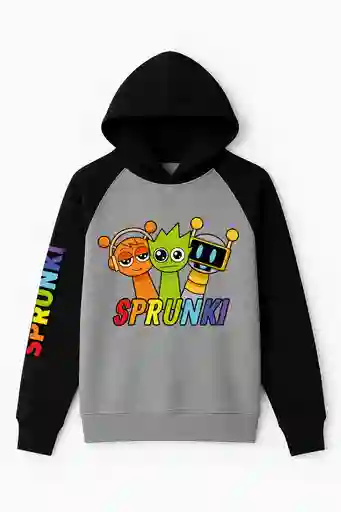 Hoodie Para Niño Sprunki Tipo Ranglan Mangas Negras Pecho Gris