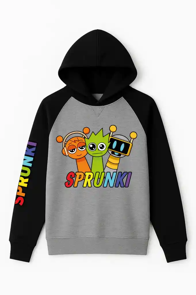 Hoodie Para Niño Sprunki Tipo Ranglan Mangas Negras Pecho Gris
