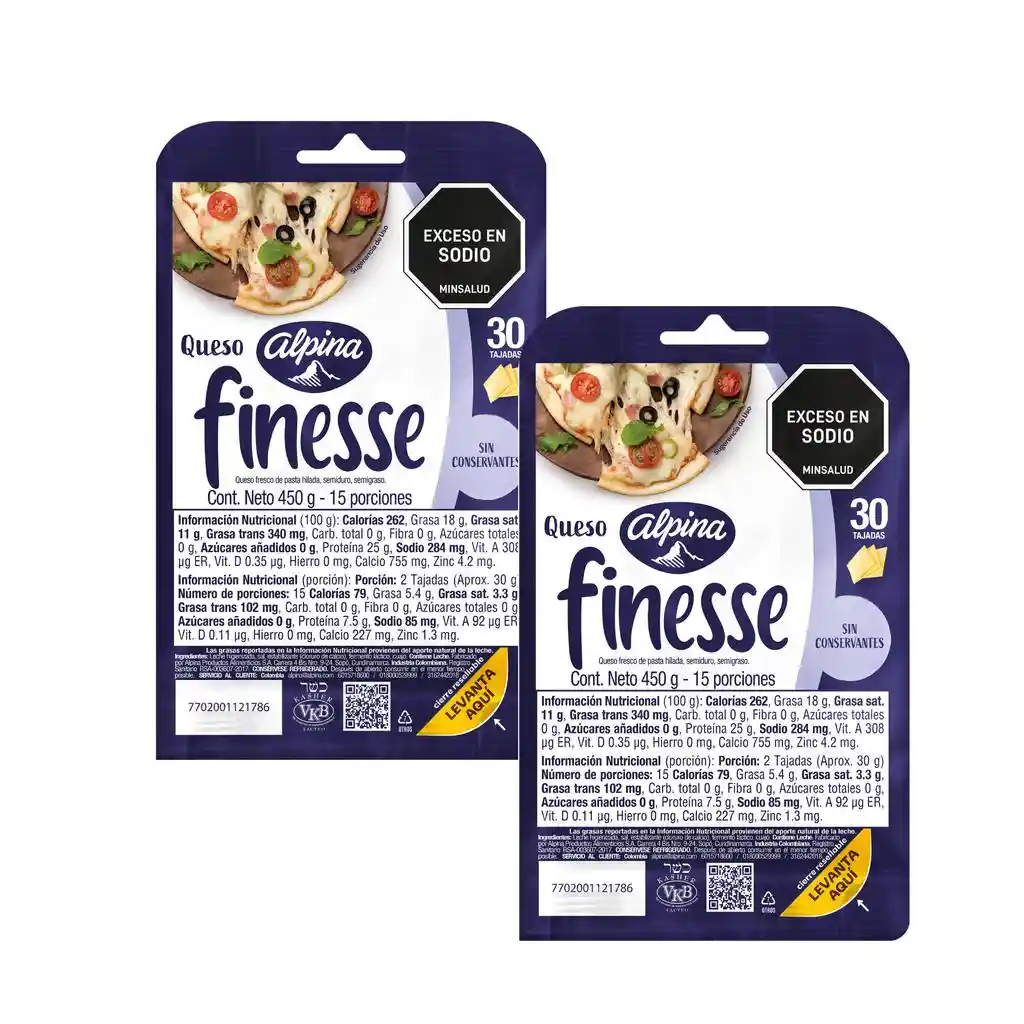 Alpina Queso Mozarella Finesse Tajado 2 Unidades 450 G