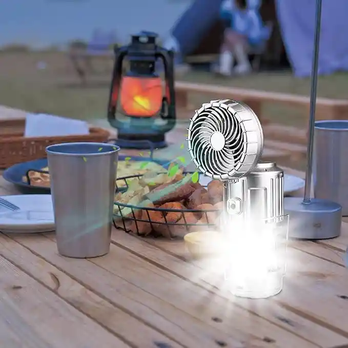 Linterna De Camping Con Ventilador Solar Y Led | Recargable, Con Carga Para Celular | Linterna Plegable 2 En 1 Para Exteriores Y Emergencias