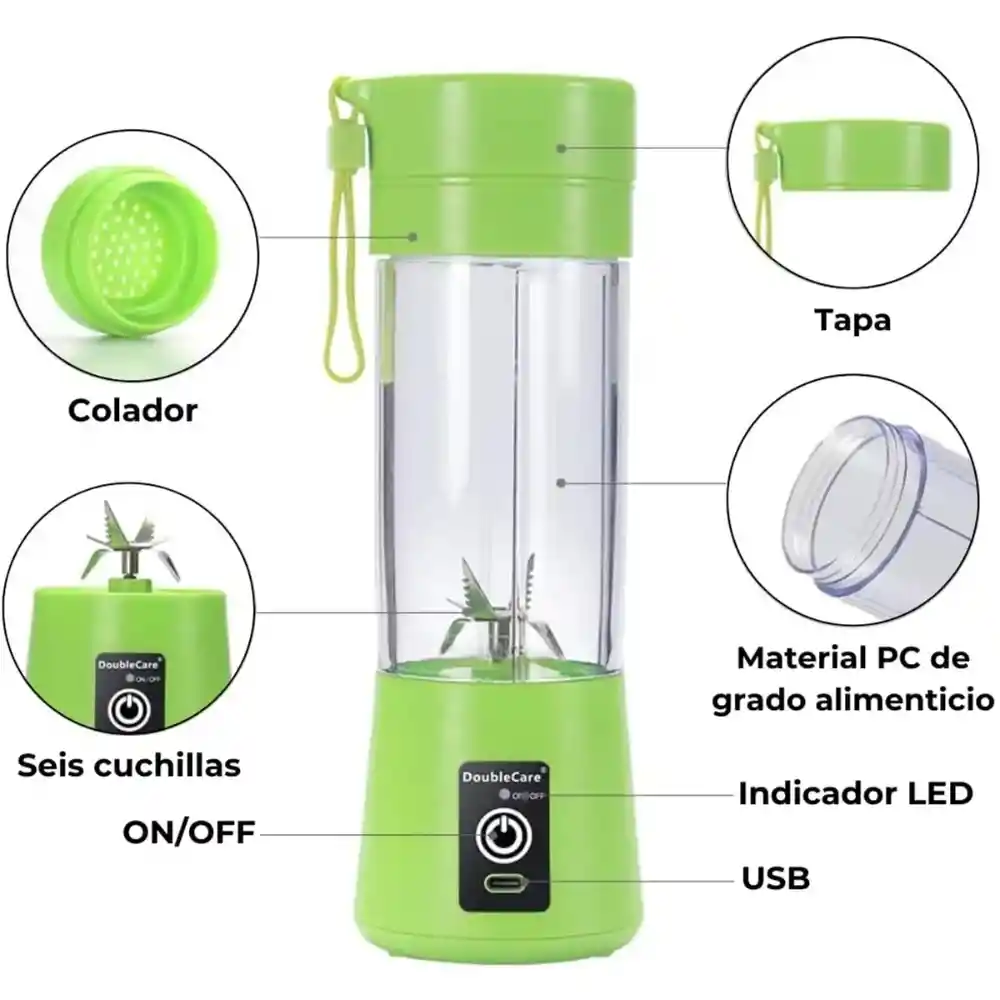 Licuadora Portátil Recargable Usb Batidora Vaso Plastico