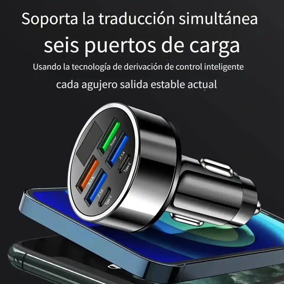 Cargador De Teléfono Para Carro 6-en-1 De Carga Rápida Puertos Usb-a Y Puertos Tipo C