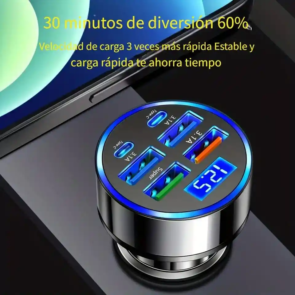 Cargador De Teléfono Para Carro 6-en-1 De Carga Rápida Puertos Usb-a Y Puertos Tipo C