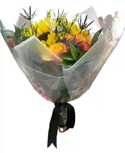 🌻💛 Bouquet Vibrante De Girasoles Y Rosas Naranjas