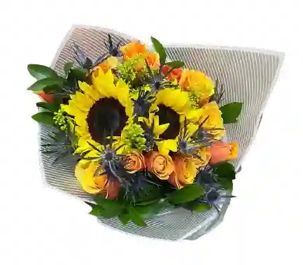 🌻💛 Bouquet Vibrante De Girasoles Y Rosas Naranjas