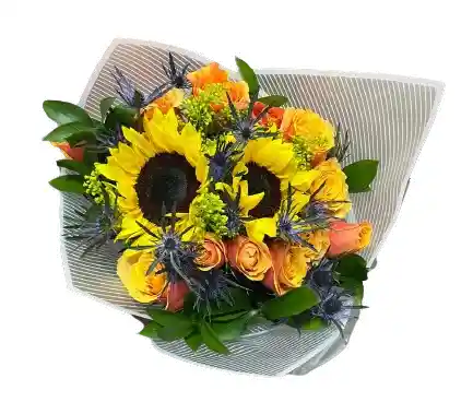 🌻💛 Bouquet Vibrante De Girasoles Y Rosas Naranjas