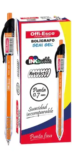 Bolígrafo Negro Offi-esco Semi Gel Retráctil Punta 0.7 Mm Suavidad Incomparable