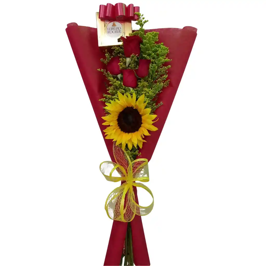 Ramo Con Rosas, Girasol Y Chocolates