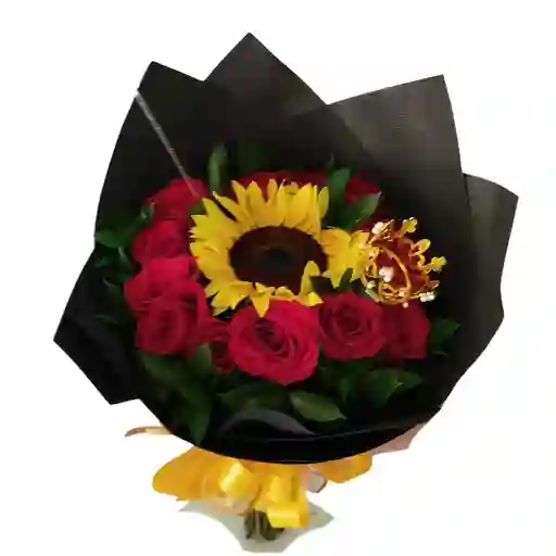 Bouquet De Rosas Y Girasol Con Corona Decorativa
