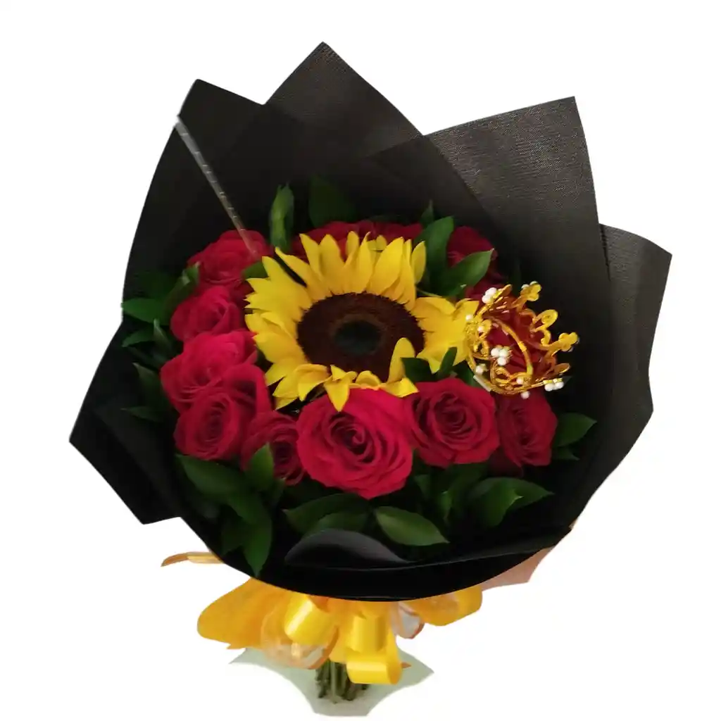 Bouquet De Rosas Y Girasol Con Corona Decorativa