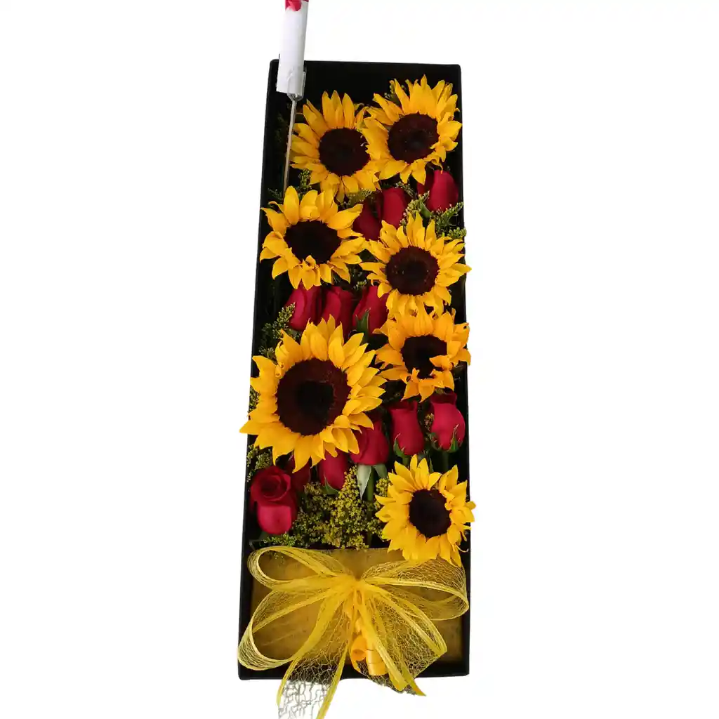 Caja De Girasoles Y Rosas