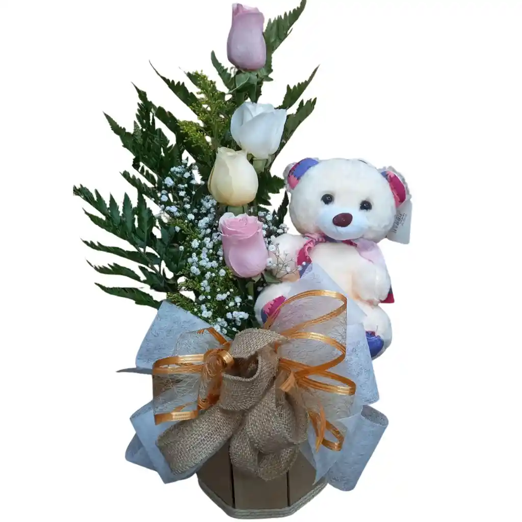Caja De Rosas Y Osito De Peluche