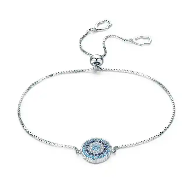 Pulsera Manilla Para Mujer Ajustable Dije Ojo Turco Amuleto En Plata 925
