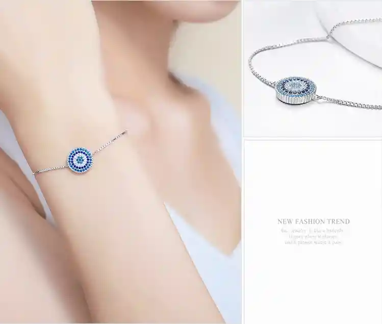 Pulsera Manilla Para Mujer Ajustable Dije Ojo Turco Amuleto En Plata 925