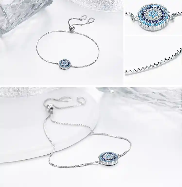 Pulsera Manilla Para Mujer Ajustable Dije Ojo Turco Amuleto En Plata 925