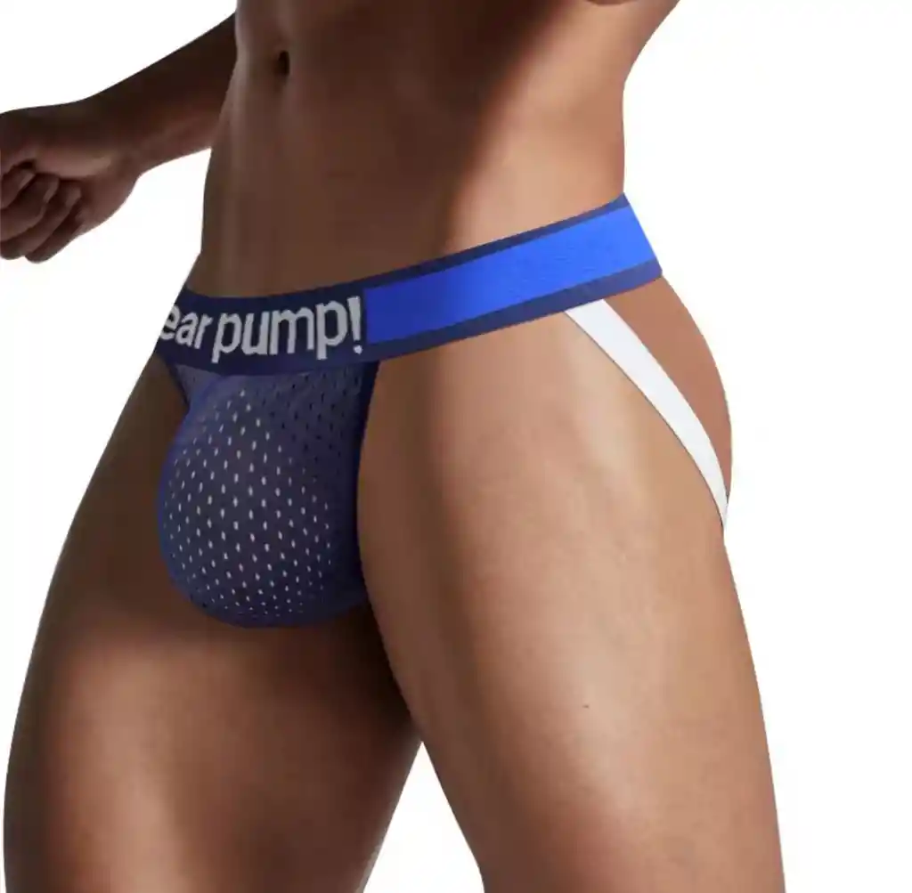 Suspensorio Jockstrap Underwear Pump! Lencería Gay Masculina Sexy, Ropa Íntima Deportiva hombre Azul Oscuro Con Detalles Blanco