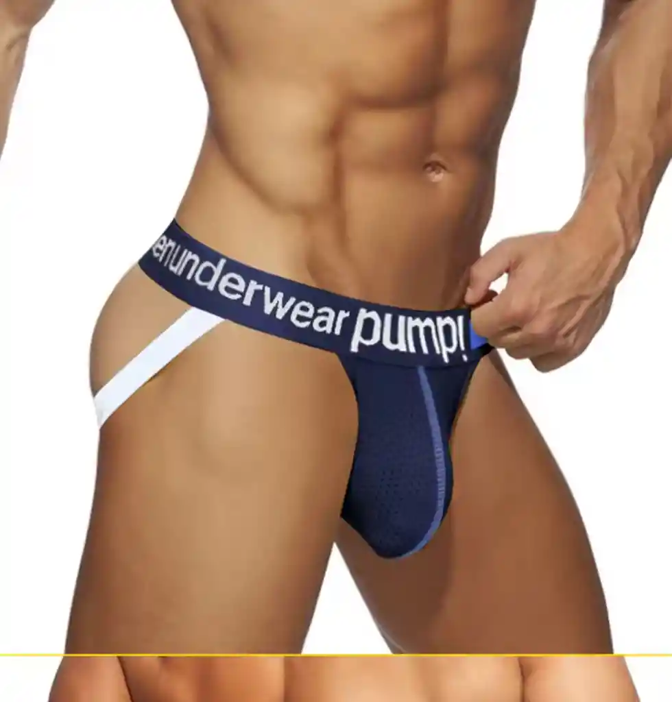 Suspensorio Jockstrap Underwear Pump! Lencería Gay Masculina Sexy, Ropa Íntima Deportiva hombre Azul Oscuro Con Detalles Blanco