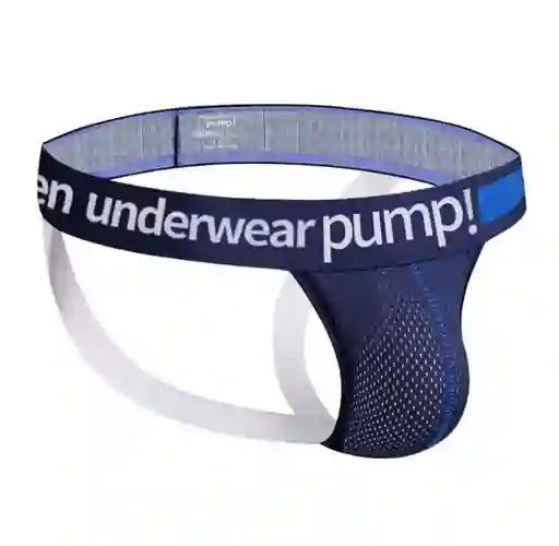 Suspensorio Jockstrap Underwear Pump! Lencería Gay Masculina Sexy, Ropa Íntima Deportiva hombre Azul Oscuro Con Detalles Blanco