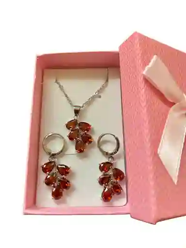 Collar Y Aretes Rojo Plata Ley 925 Circonitas En Caja