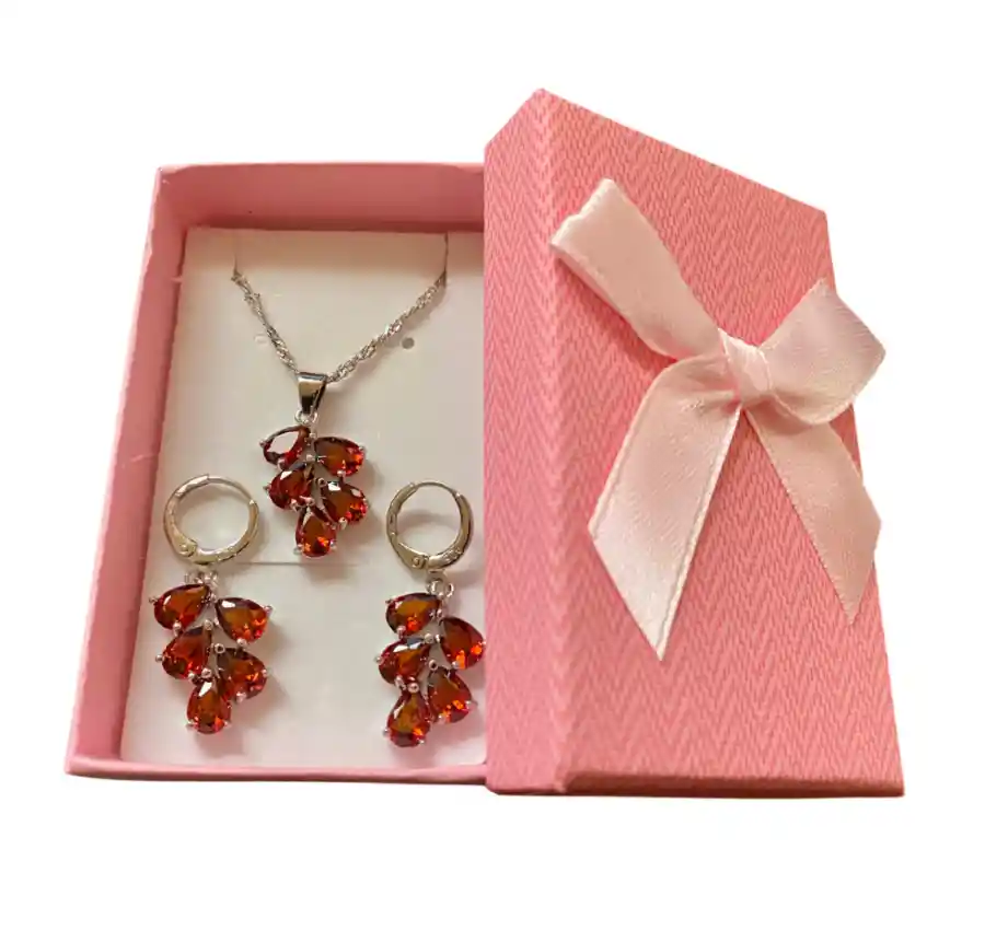 Collar Y Aretes Rojo Plata Ley 925 Circonitas En Caja