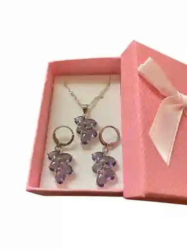 Collar Y Aretes Morado Plata Ley 925 Circonitas En Caja