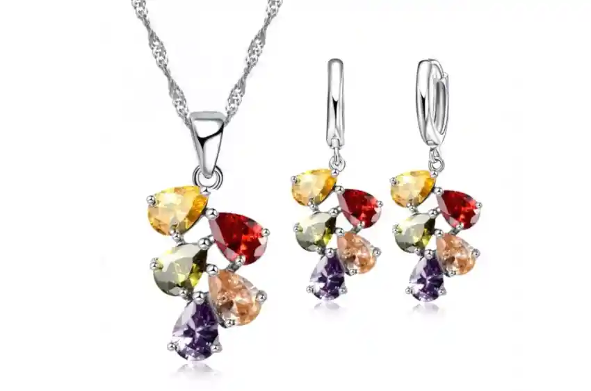 Collar Y Aretes Multicolor Plata Ley 925 Circonitas En Caja