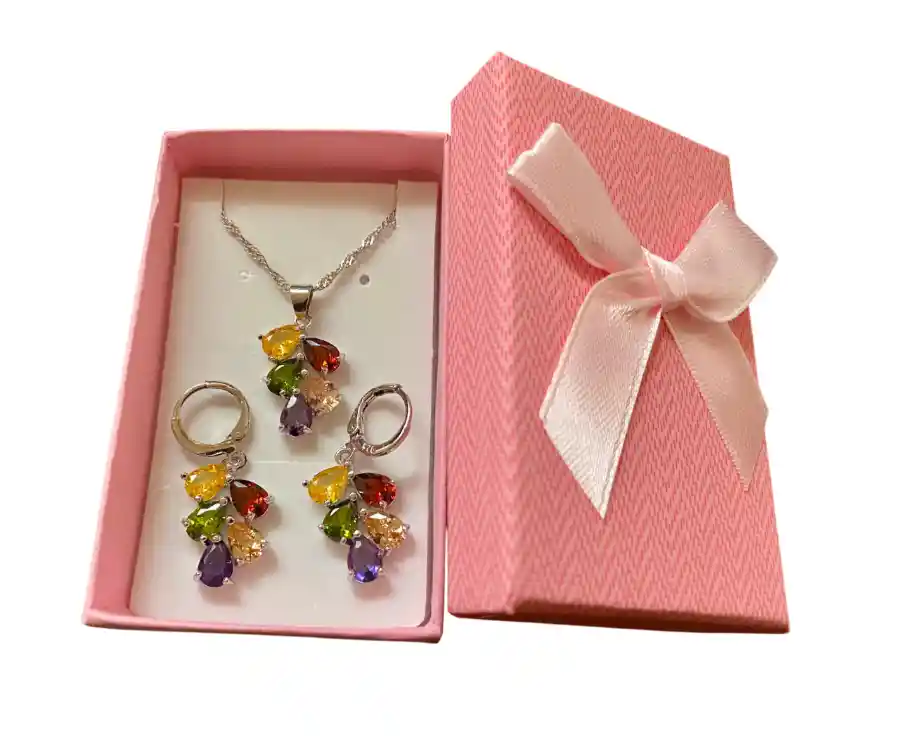 Collar Y Aretes Multicolor Plata Ley 925 Circonitas En Caja