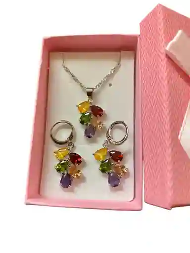 Collar Y Aretes Multicolor Plata Ley 925 Circonitas En Caja