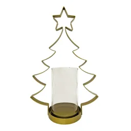 Portavelas Metálico Dorado En Forma De Árbol De Navidad 2 Unidades