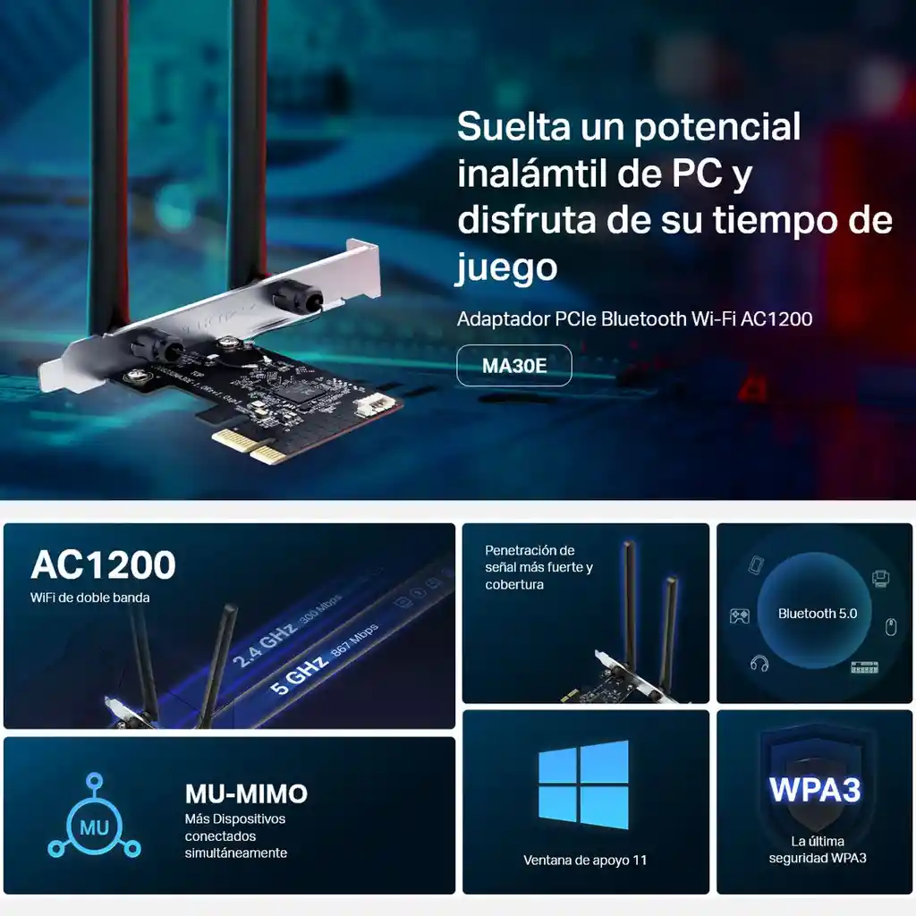 Adaptador De Red Pcie Wifi Bluetooth Ac1200 Mercusys Ma30e