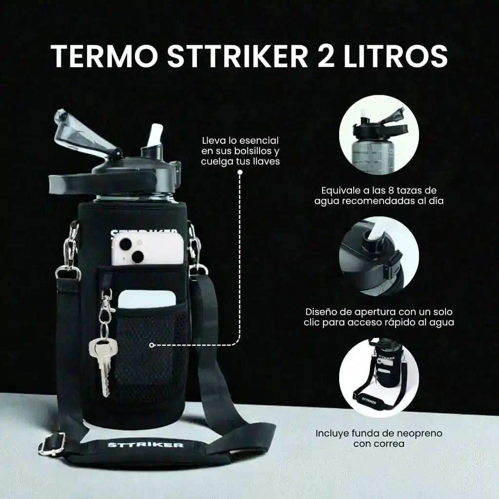 Termo Sttriker 2l Agua Bolso + Funda Maleta Motivacional Negro