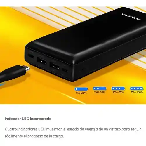 Banco De Pode Adata C20 20000mah Usb-c/a, Negro, Rápido