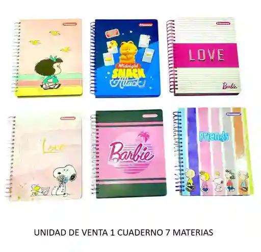 Cuaderno 7 Materias Grande De Mujer Argollado Cuadriculado Diseños Surtidos