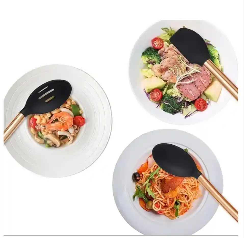 Juego Set Utensilios Cucharas Antideslizantes Silicona 7 Piezas Negro Dorado