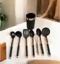 Juego Set Utensilios Cucharas Antideslizantes Silicona 7 Piezas Negro Dorado