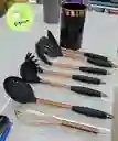 Juego Set Utensilios Cucharas Antideslizantes Silicona 7 Piezas Negro Dorado