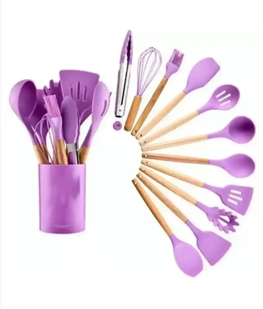 Set De Utensilios Para Cocina En Silicona Con Mango De Madera 12 Piezas Cucharas Morado
