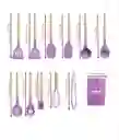 Set De Utensilios Para Cocina En Silicona Con Mango De Madera 12 Piezas Cucharas Morado