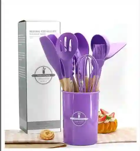 Set De Utensilios Para Cocina En Silicona Con Mango De Madera 12 Piezas Cucharas Morado