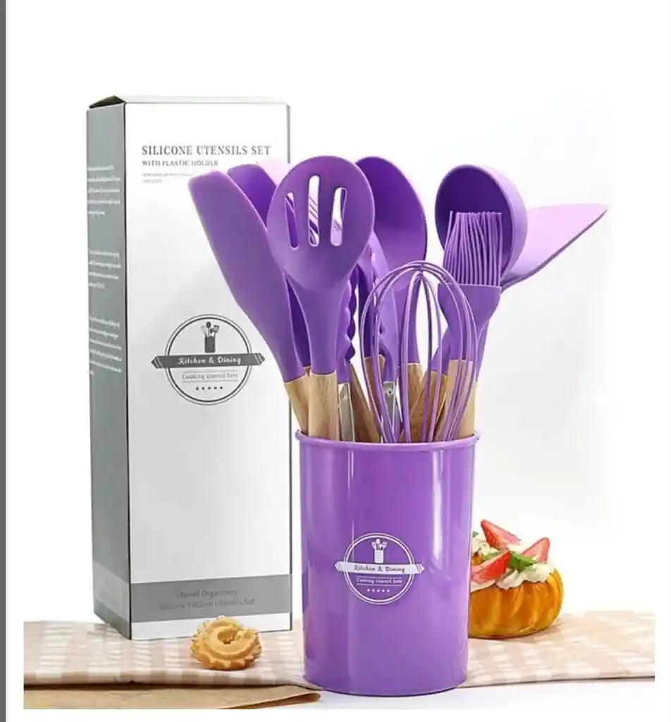 Set De Utensilios Para Cocina En Silicona Con Mango De Madera 12 Piezas Cucharas Morado