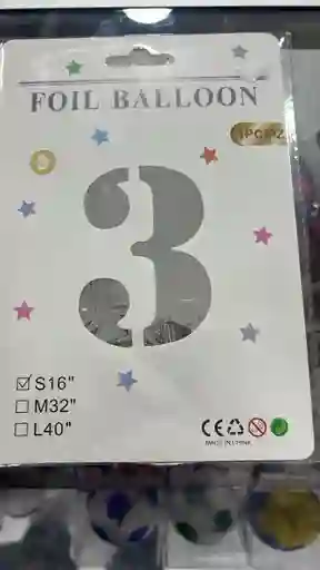 Globo Metalizado Numero 3 Plateado De 16 Pulgadas