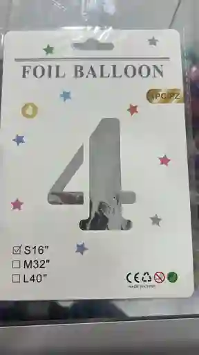 Globo Metalizado Plateado Numero 4 De 16 Pulgadas