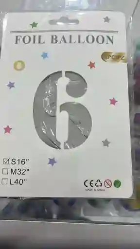 Globo Metalizado Plateado Numero 6 De 16 Pulgadas