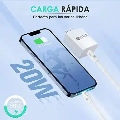 Cargador Iphone 20w 1hora 3a Carga Rapida Cargador Usb C Con Cable A Light-ing 1 M Compatible Para 1phone 14/13/13/12/ 11/x, Pad, Pods