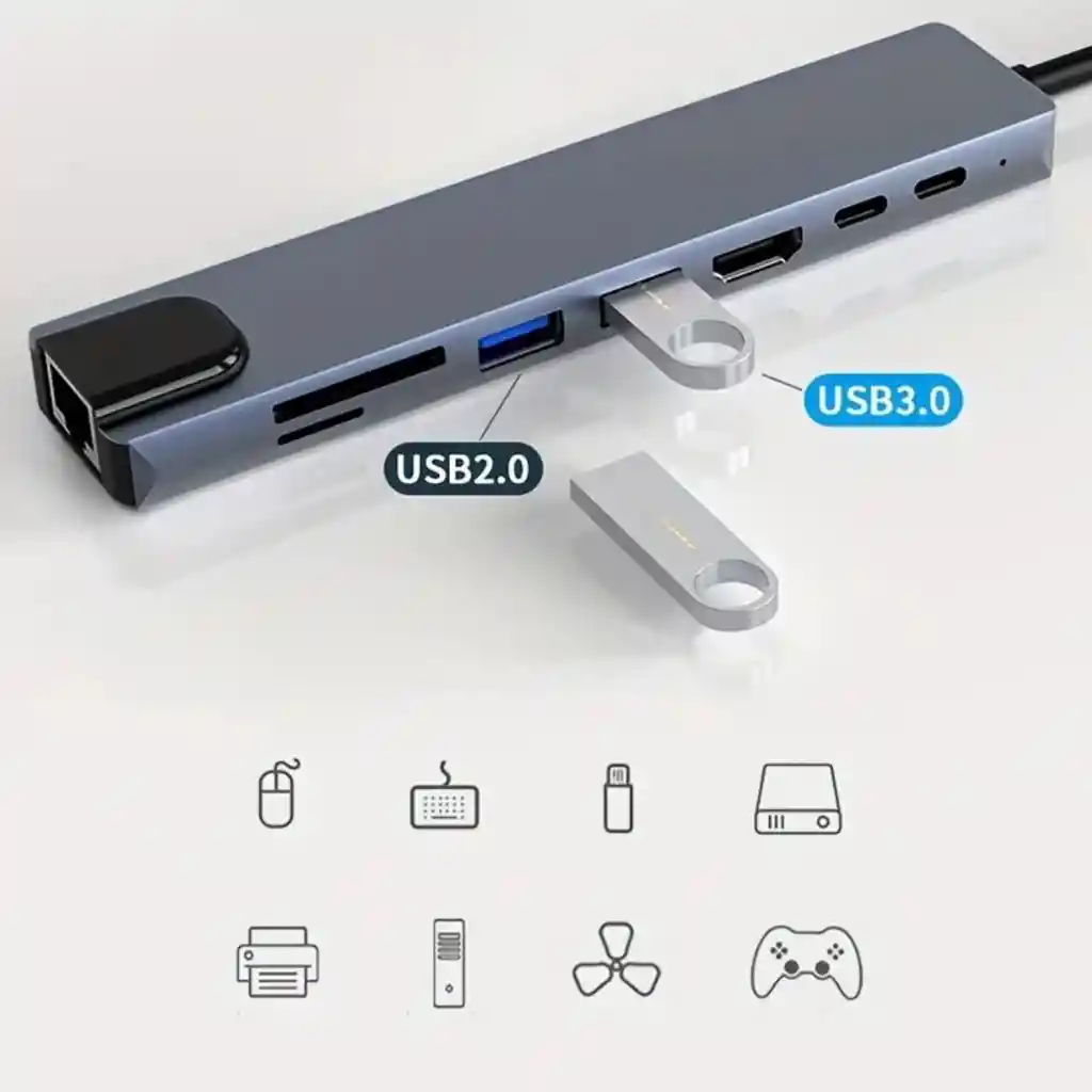 Adaptador Multipuerto Usb-c A 8 Puertos (hdmi, Tipoc, Usb,ds,tf, Rj45)