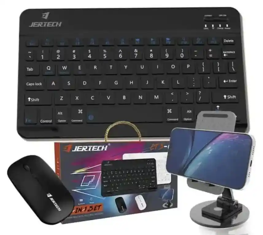 Kit Jertech Teclado Bluetooth + Mouse Inalámbrico+ Soporte Celular