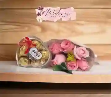 Flores Arreglo 6 Rosas Rosadas Y Chocolates X5