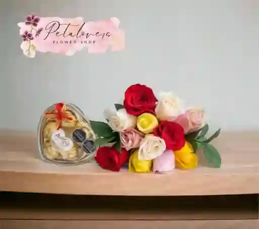 Flores Rosa 12 Rosas Surtidas Y Chocolates X 5 Unidades