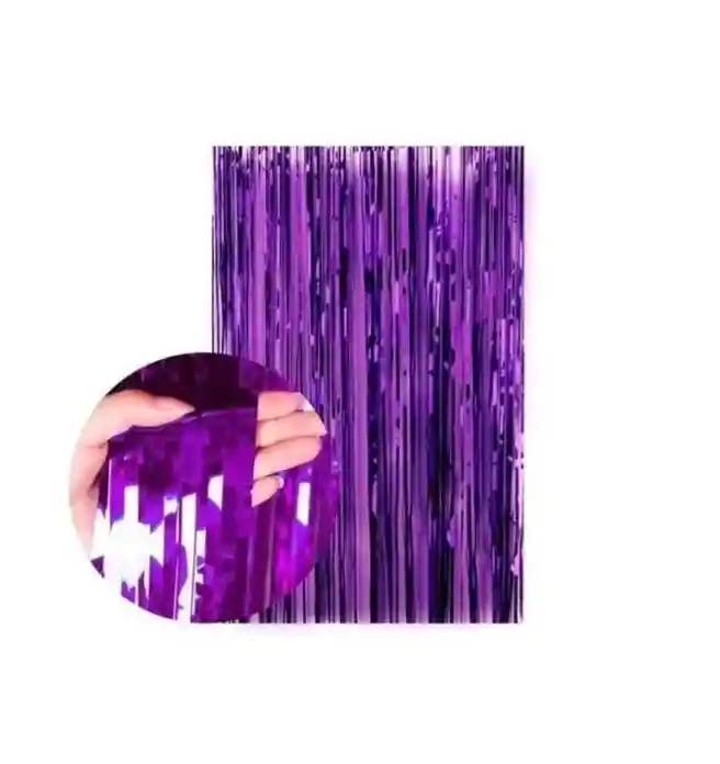 Cortina De Flecos Metalizada Para Fiestas Morado Cumpleaños Carnaval Halloween Party