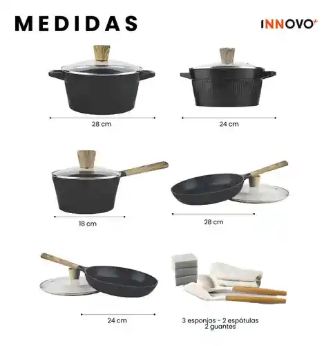 Juego De Ollas Sartenes Granito Antiadherente 16 Piezas Asfe Negro